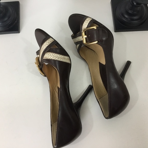 Michael Kors Brown Leather Peep Toe Heels, 7 1/2M - Picture 5 of 6